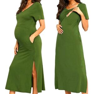 XL xxl green Stretchy maxi maternity nursing dress High Slit Sides